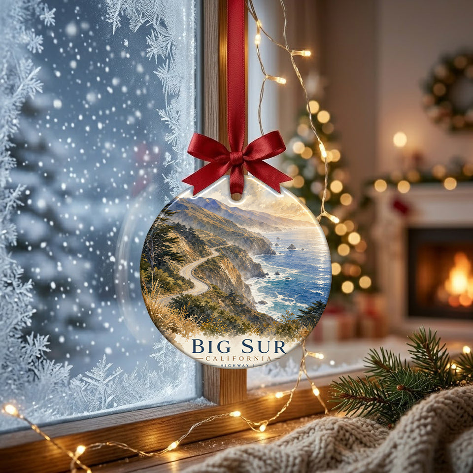 Coastal highway ornament displayed in front of a frosty winter window catching gentle morning daylight.