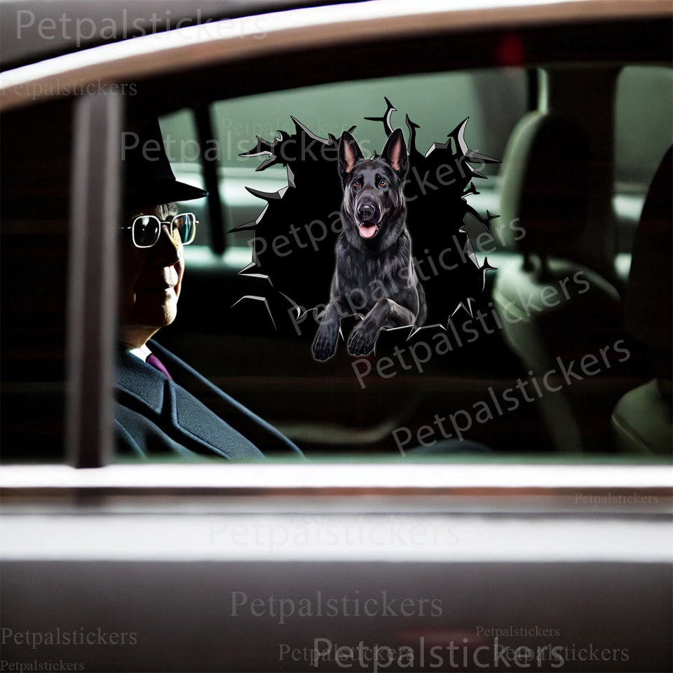 Detailed Black German Shepherd vinyl graphic displayed on the glossy exterior car door of a sedan.