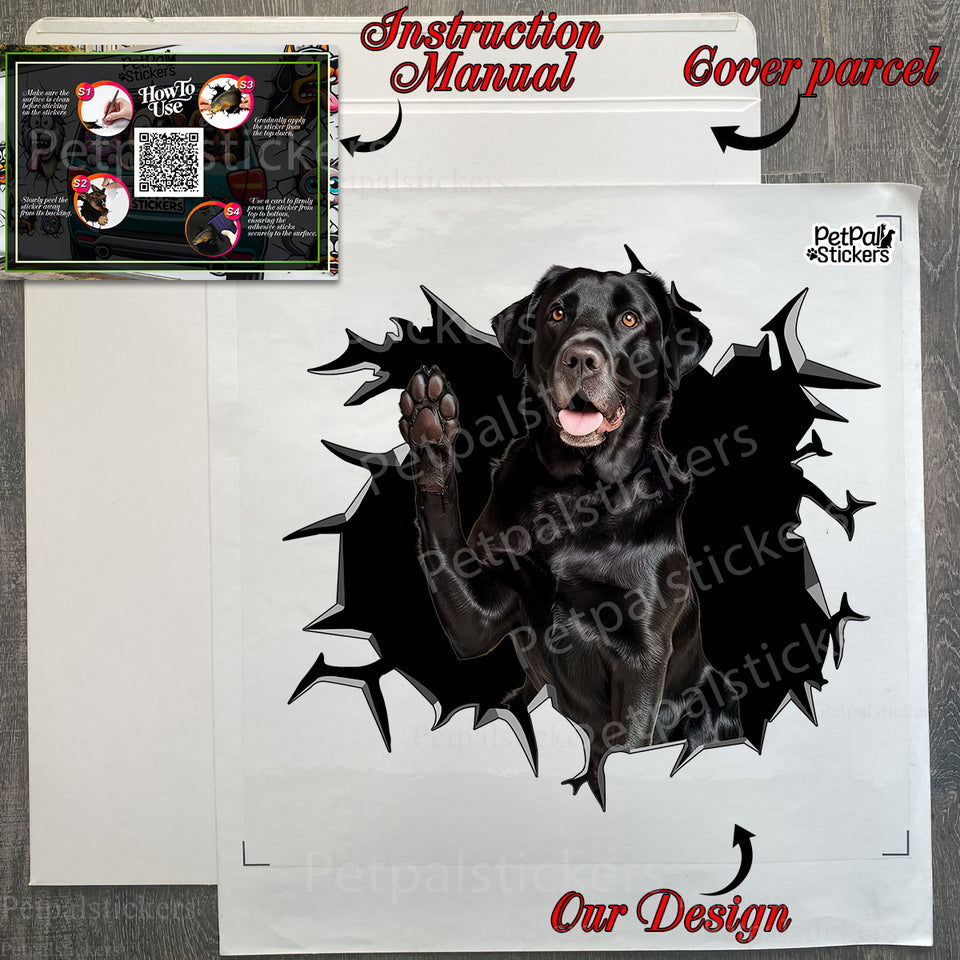 Protective packaging and included instructions envelope holding the Black Labrador Retriever decal package.