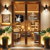 Cute Border Collie pet sticker affixed to a clean wooden entrance door in a home entryway.