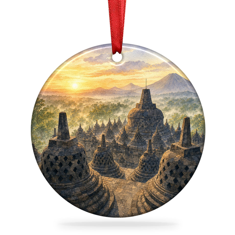 Borobudur Temple Christmas ornament pictured on a clean white background with its hanging loop.