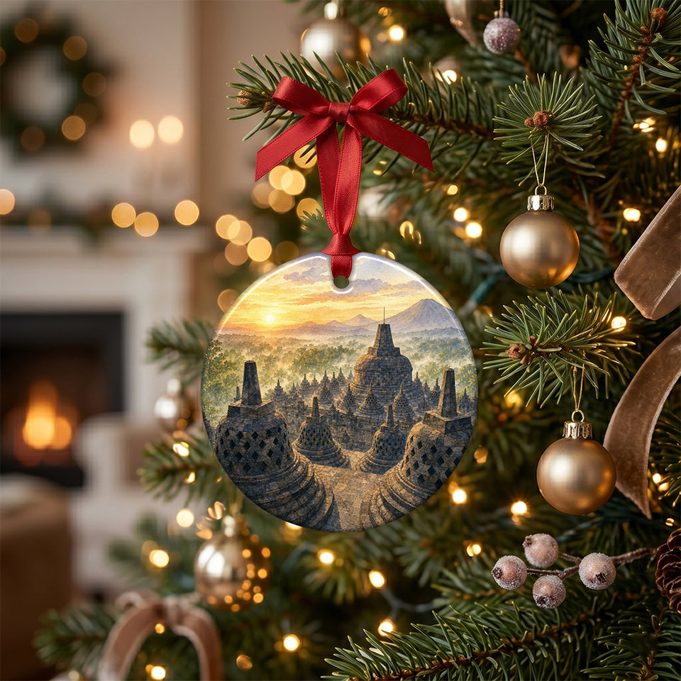 Ceramic holiday keepsake featuring the Java temple hanging among green branches on a lit tree.