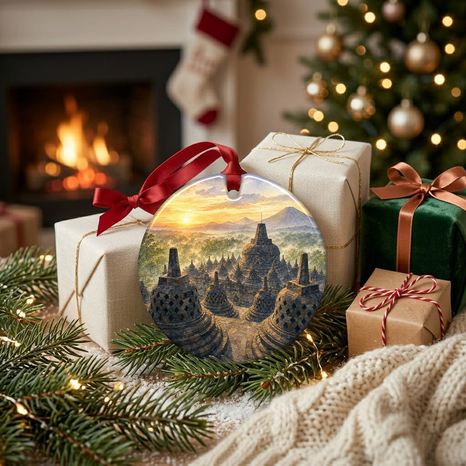Indonesian landmark holiday ornament sitting near wrapped gifts in the warm glow of a fireplace.