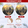 Graphic size chart detailing the 3-inch dimensions and double-sided print of the ceramic ornament.