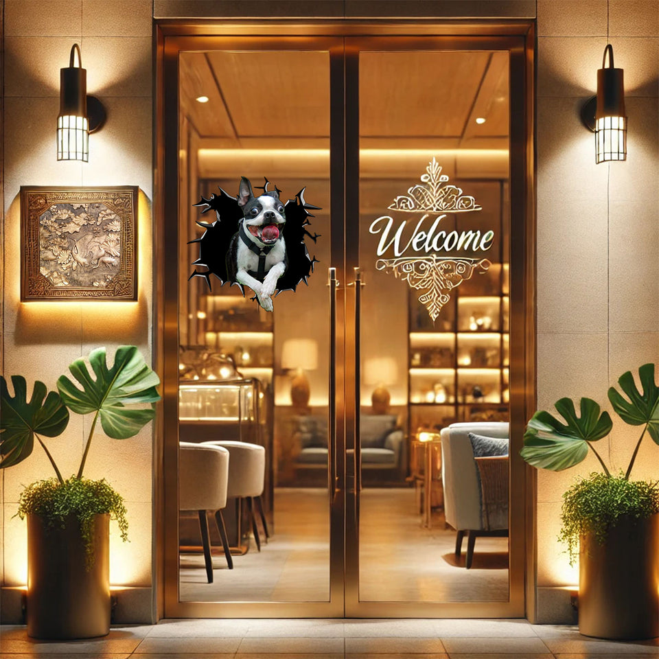 Detailed canine vinyl sticker showcased on a painted glass entry door panel.