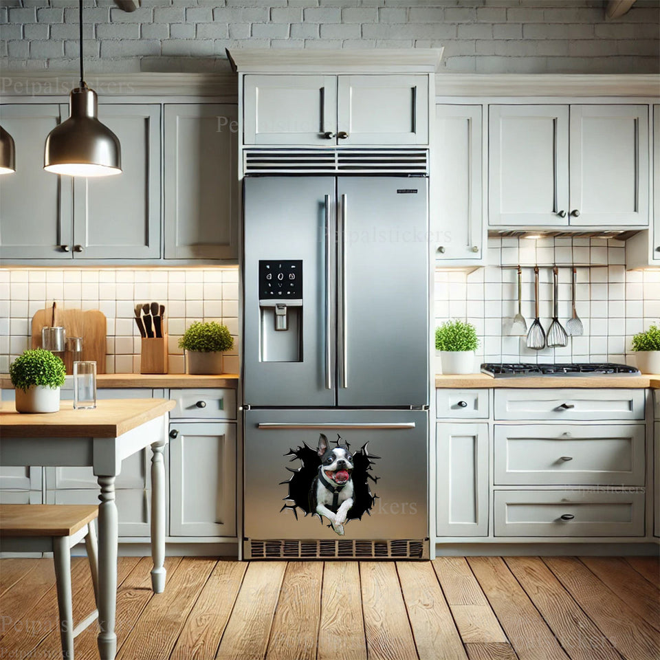 Cute dog sticker displayed neatly on the smooth metal surface of a white refrigerator.
