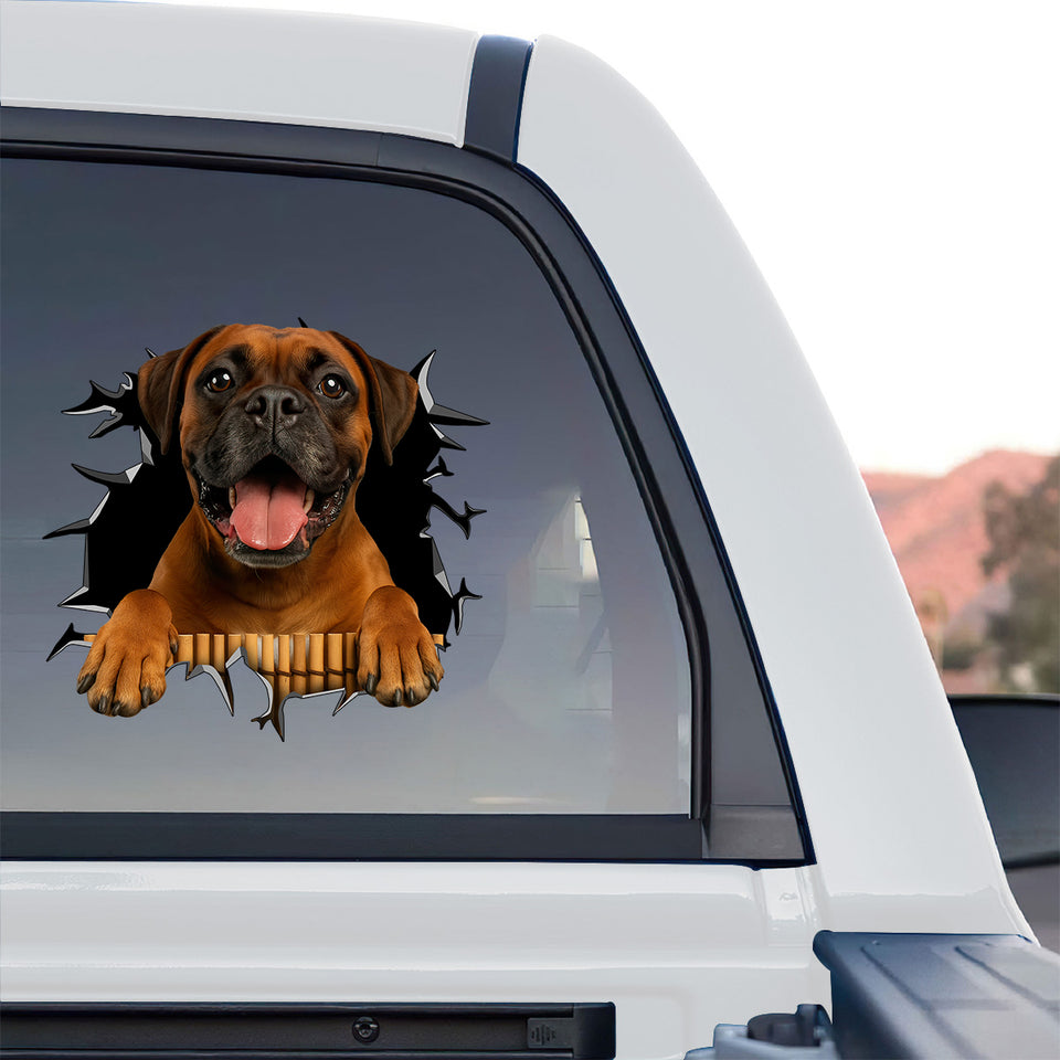 Vibrant Boxer dog sticker applied securely to the rear window of a truck.