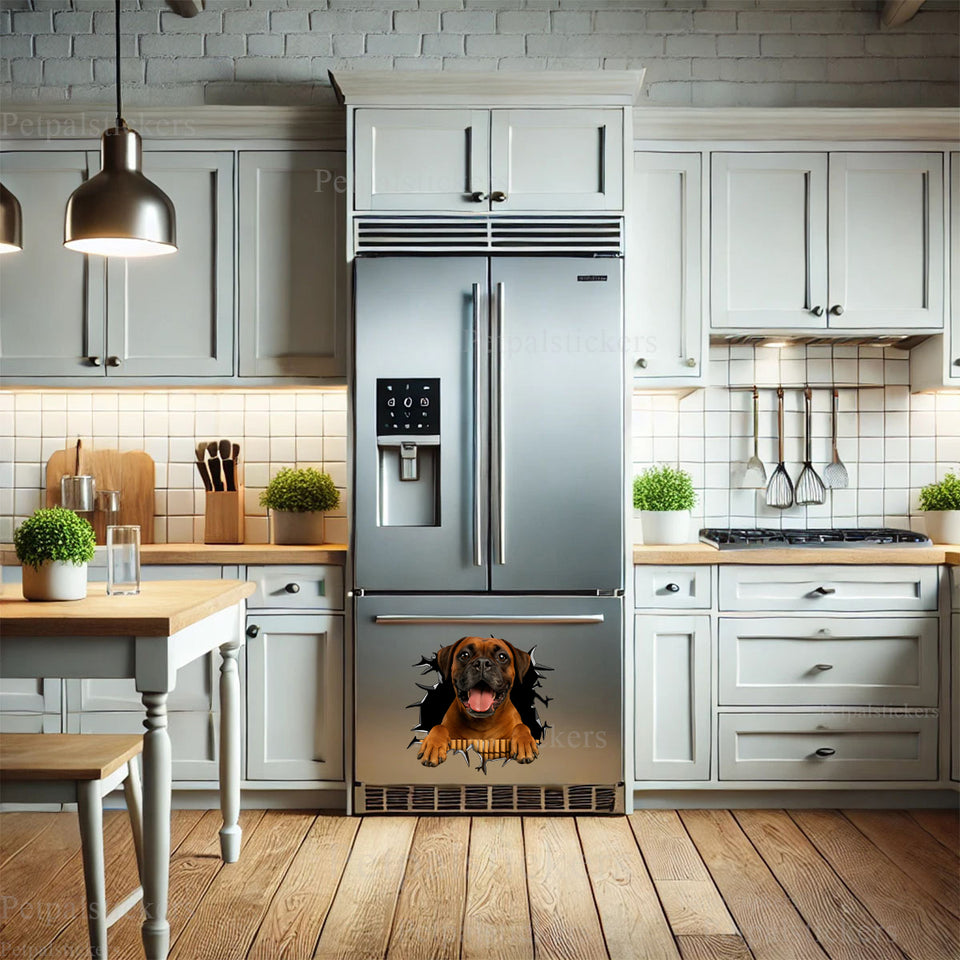 Charming Boxer decal adding personality to the clean front of a refrigerator.