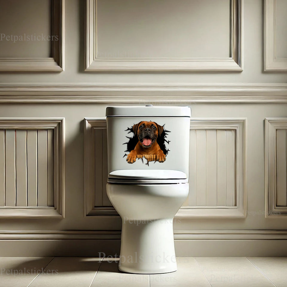 Playful Boxer dog sticker placed creatively on a smooth porcelain toilet lid.