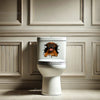 Playful Boxer dog sticker placed creatively on a smooth porcelain toilet lid.
