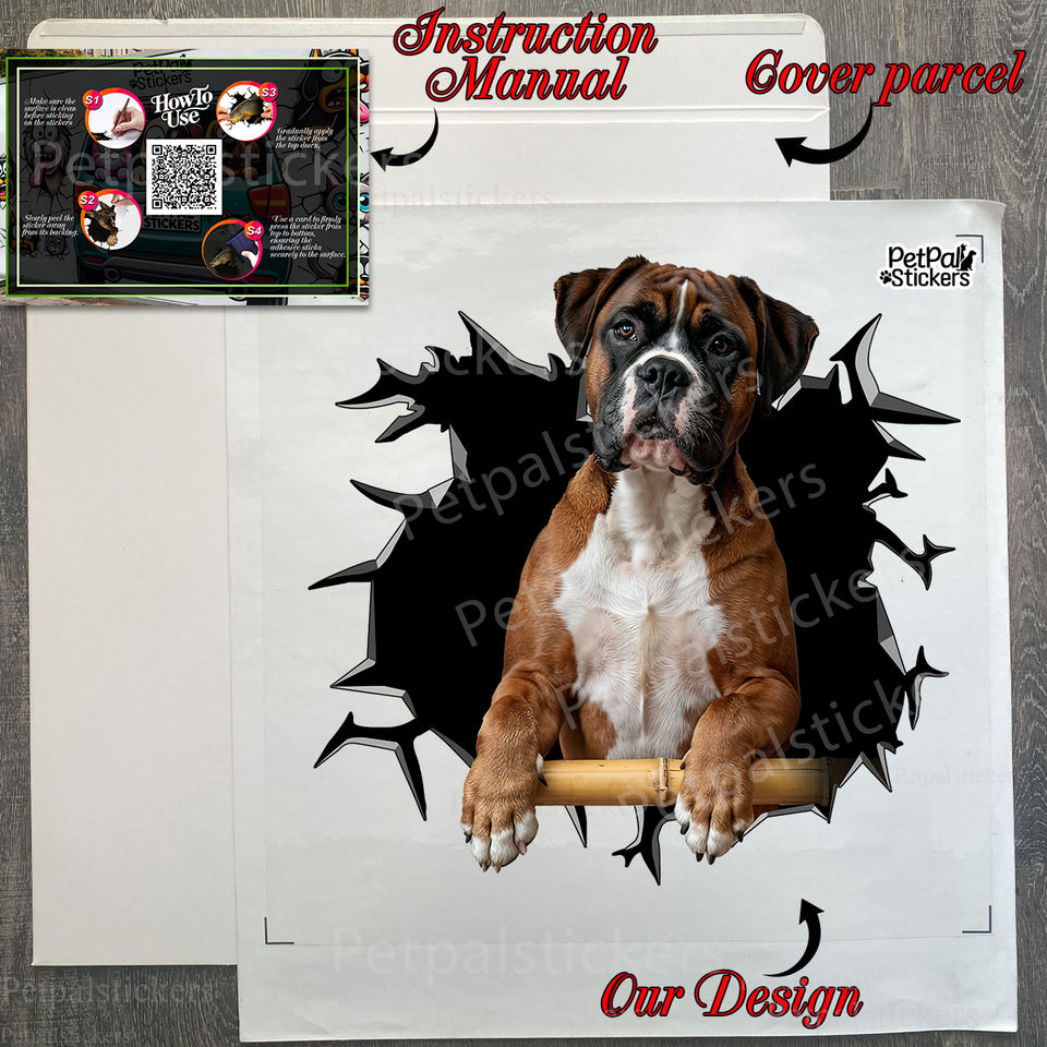 Protective product package containing the Boxer dog vinyl decal and application instructions.