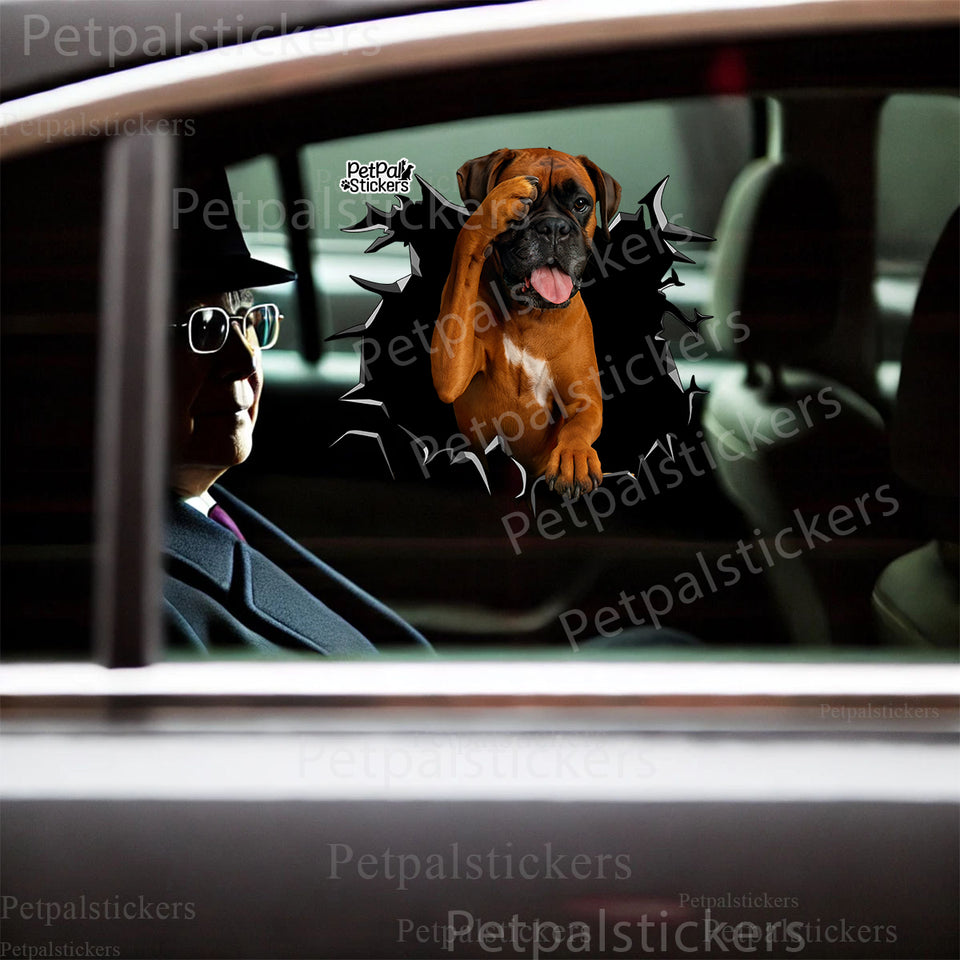 Glossy Boxer dog graphic sticker proudly displayed on a smooth car door exterior.