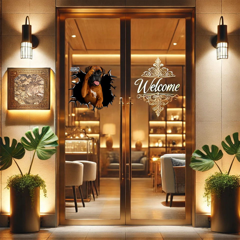 Detailed Boxer graphic art sticker installed on a painted glass entry door.