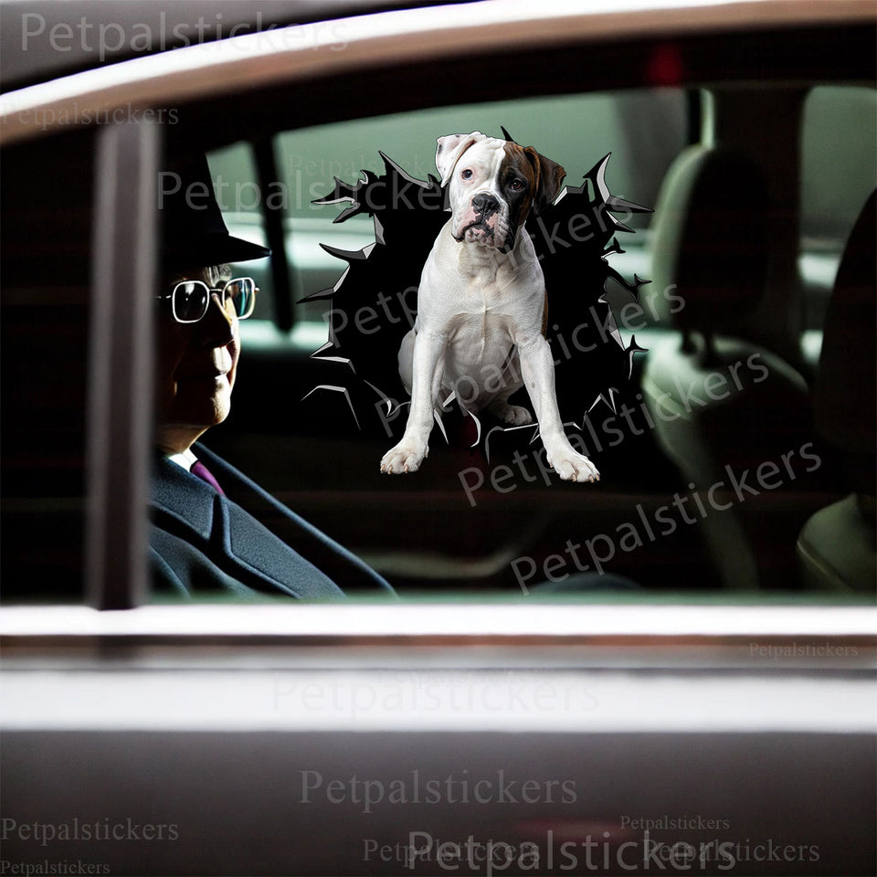 Vibrant Boxer Dogs graphic decal applied smoothly onto the side car door of a white vehicle.