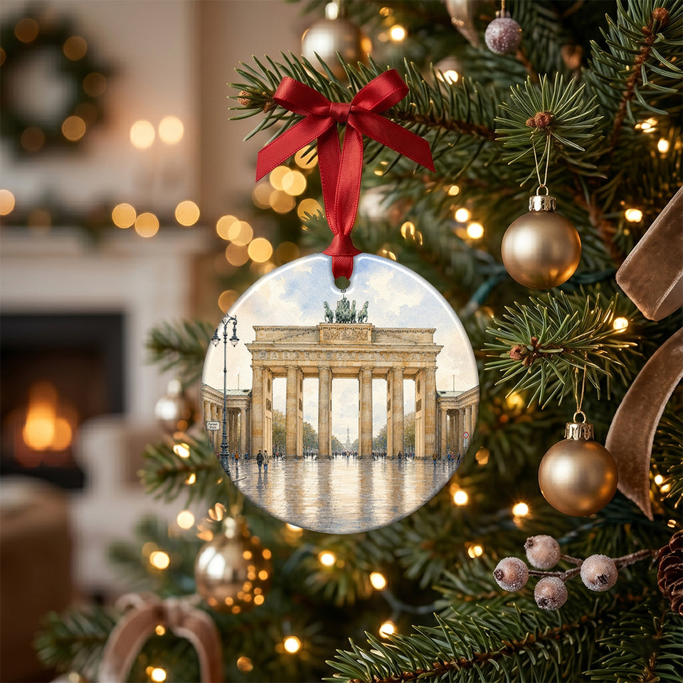 Berlin landmark ceramic keepsake hanging among glowing lights on a green Christmas tree branch.