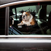 Cute British Bulldog sticker styled on the smooth car door of a white family sedan.