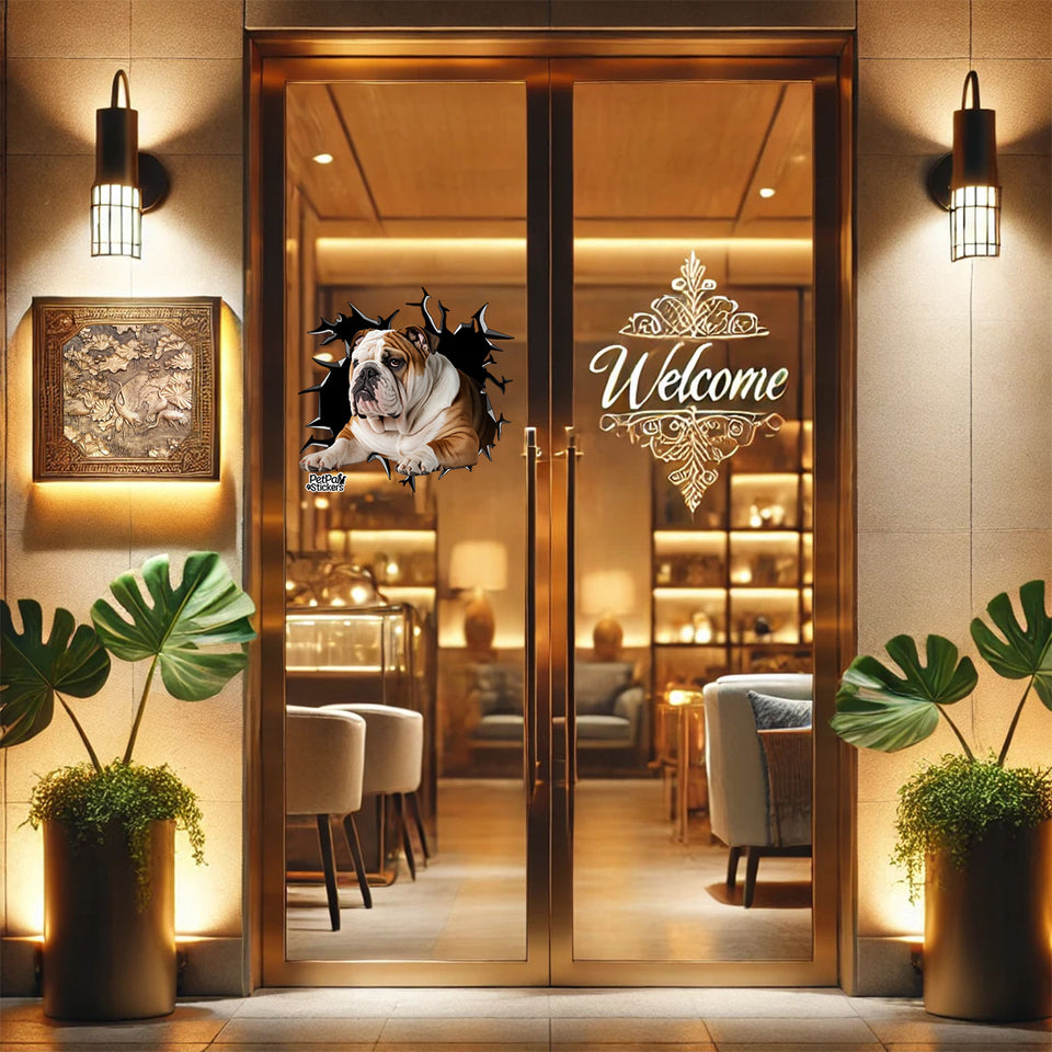 Vibrant British Bulldog decal accenting the glass panel of a front entryway door.