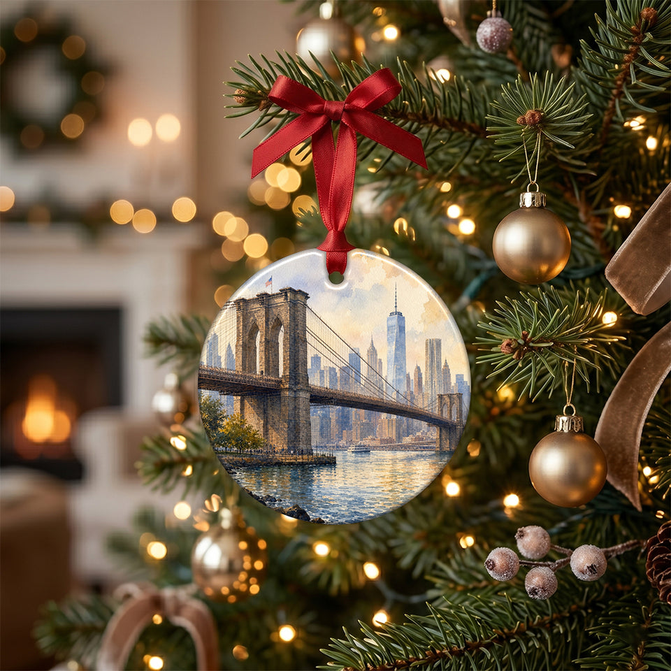 Ceramic Brooklyn Bridge holiday keepsake hanging from a glowing Christmas tree branch.