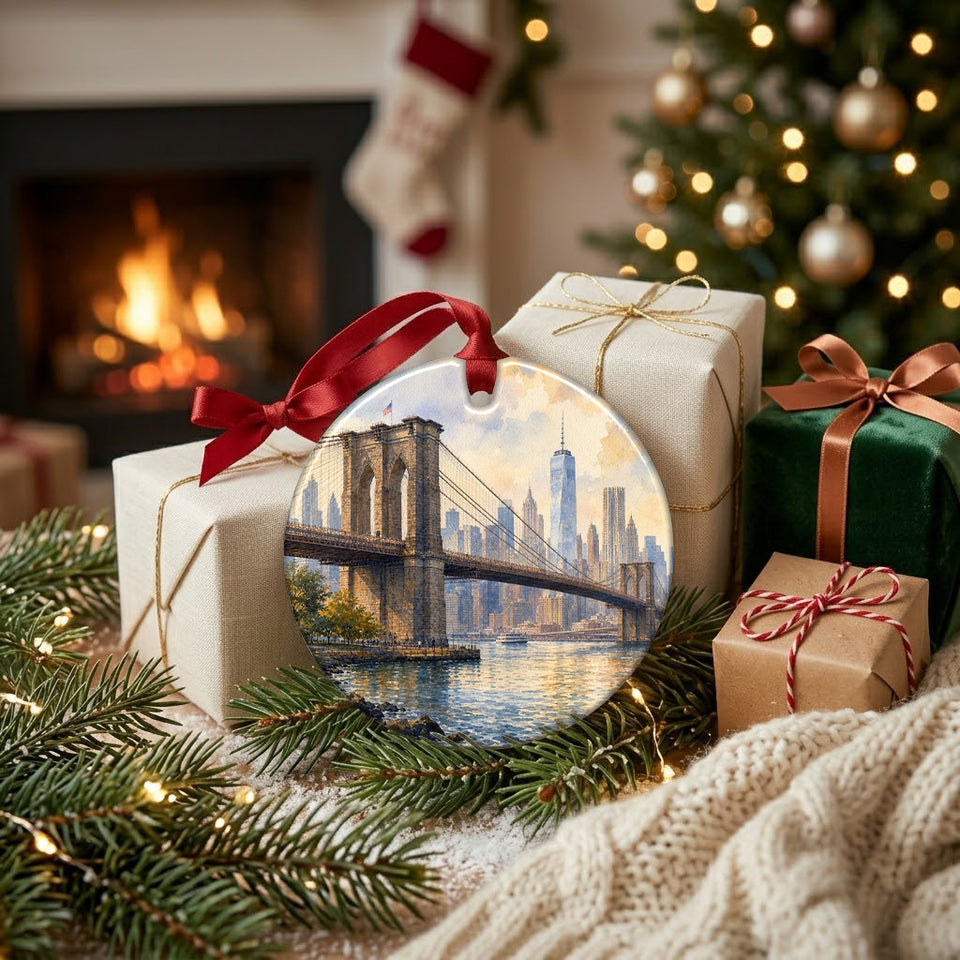 Festive New York ornament sitting beside wrapped gifts near a warm fireplace.