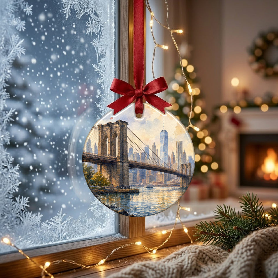 New York bridge ornament hanging in front of a frosty winter window in soft daylight.