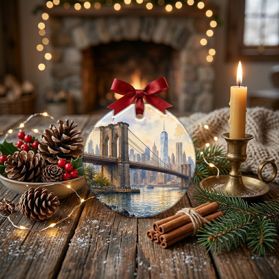 Round ceramic holiday ornament placed on a table beside seasonal pinecones.