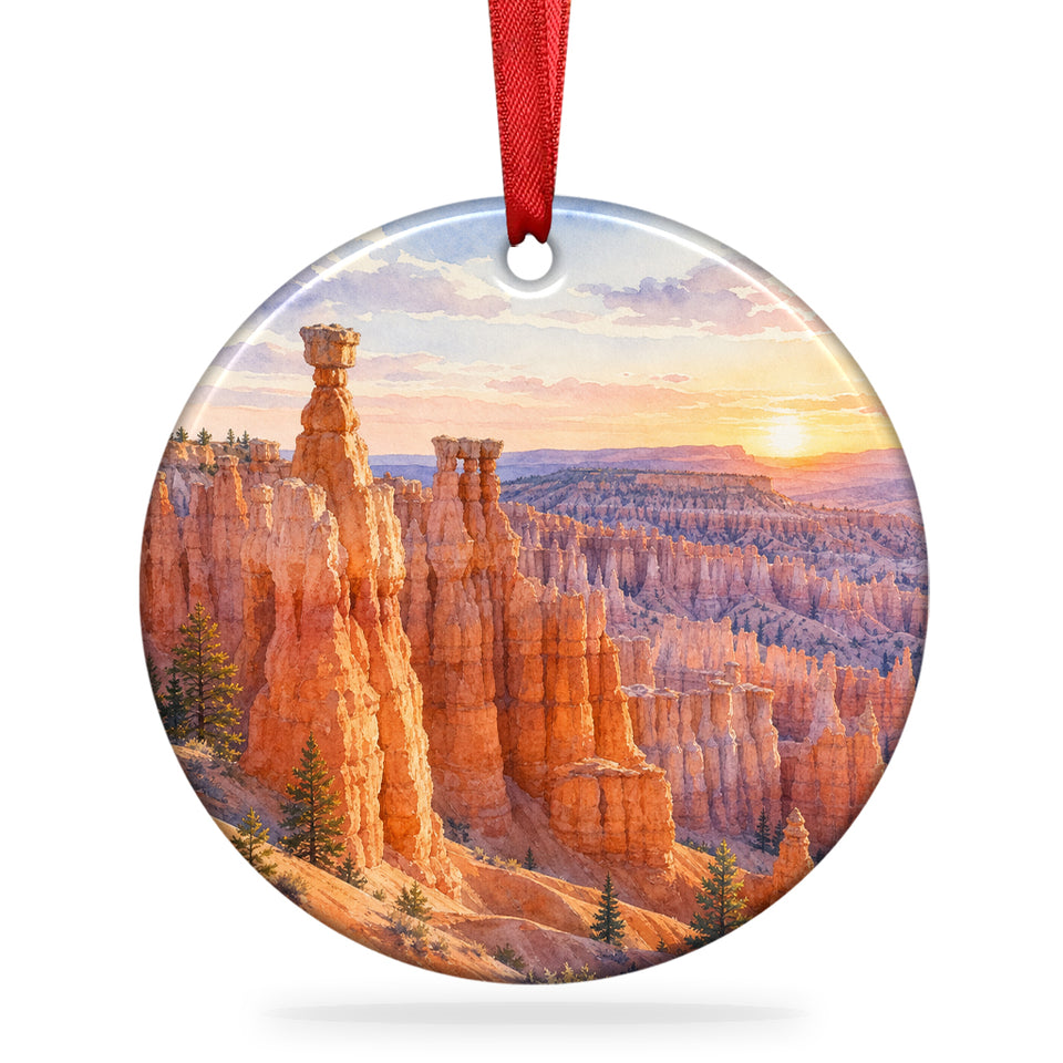 Bryce Canyon ceramic ornament showing glowing hoodoos on a plain white background