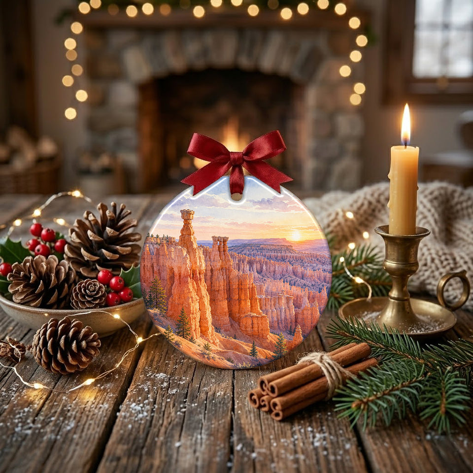 Rustic table styled with pinecones and a candle beside the Bryce Canyon keepsake