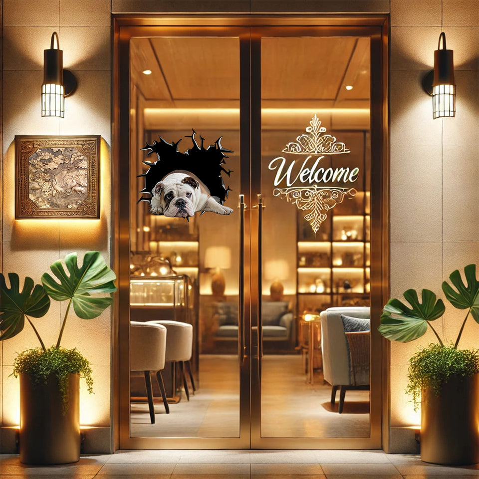 Vibrant Bulldogs dog graphic sticker adhered neatly to an interior wooden door panel.
