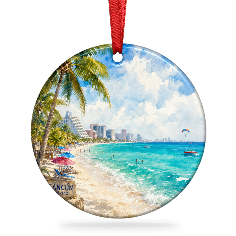 Cancún Hotel Zone ornament shown on a clean white background with its included hanging ribbon.