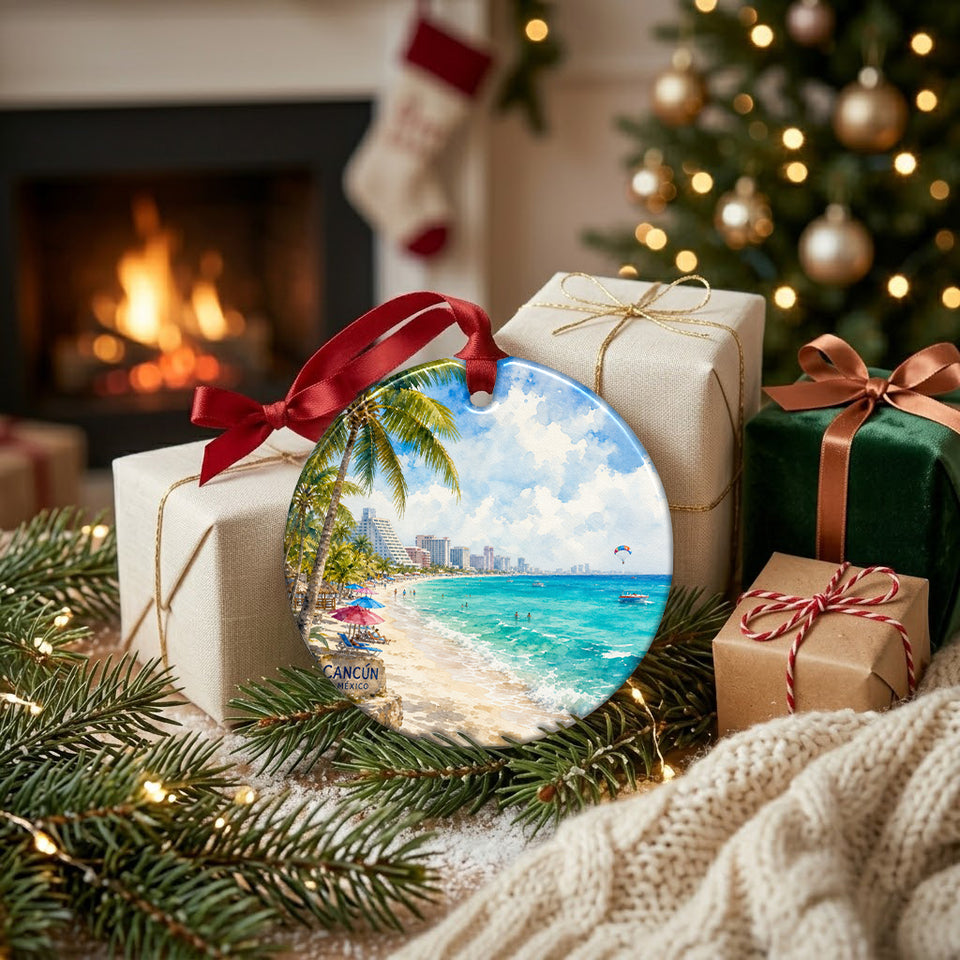 Festive scene with holiday gifts and a fireplace beside the colorful tropical beach keepsake.