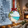 Winter window framing a view of snow while displaying the sun-drenched Mexico holiday ornament.