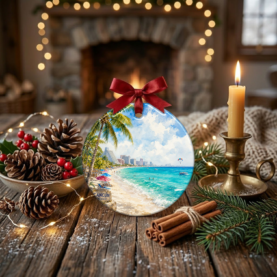 Rustic holiday table setting featuring pinecones and candlelight next to the round ceramic keepsake.