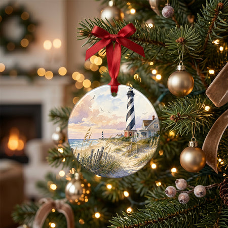 Ceramic holiday keepsake styled on a festive table with pinecones and warm candlelight.