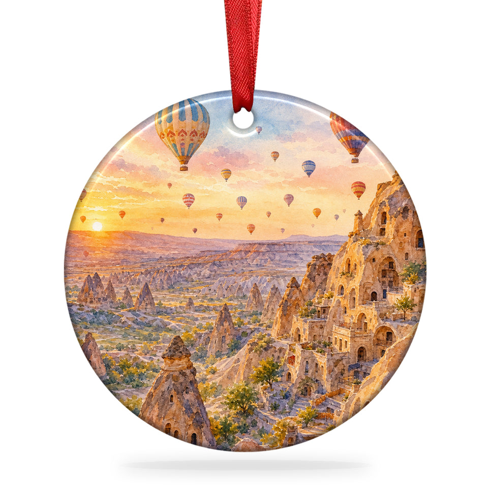 Cappadocia Christmas ornament with hot air balloons shown on a clean white background.