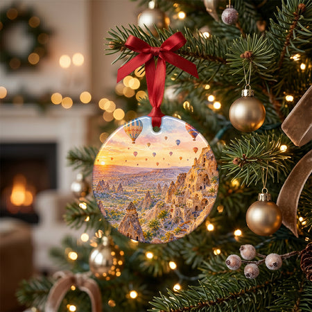 Detailed ceramic ornament styled on a rustic table surrounded by holiday pinecones.