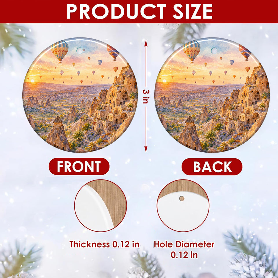 Graphic size chart detailing the three-inch round dimensions and double-sided print of the ornament.