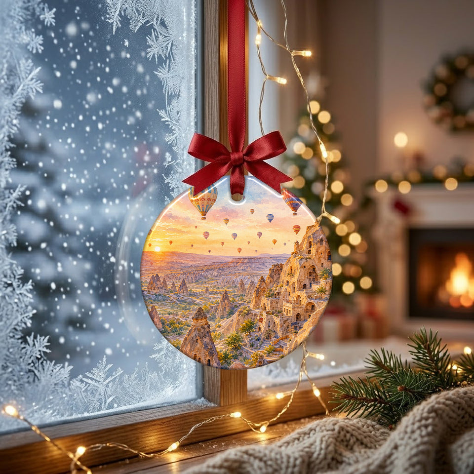 Sunrise Cappadocia ornament hanging in front of a frosty winter window with soft morning light.
