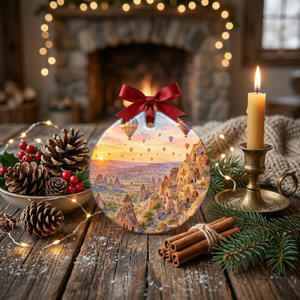 Detailed ceramic ornament styled on a rustic table surrounded by holiday pinecones.
