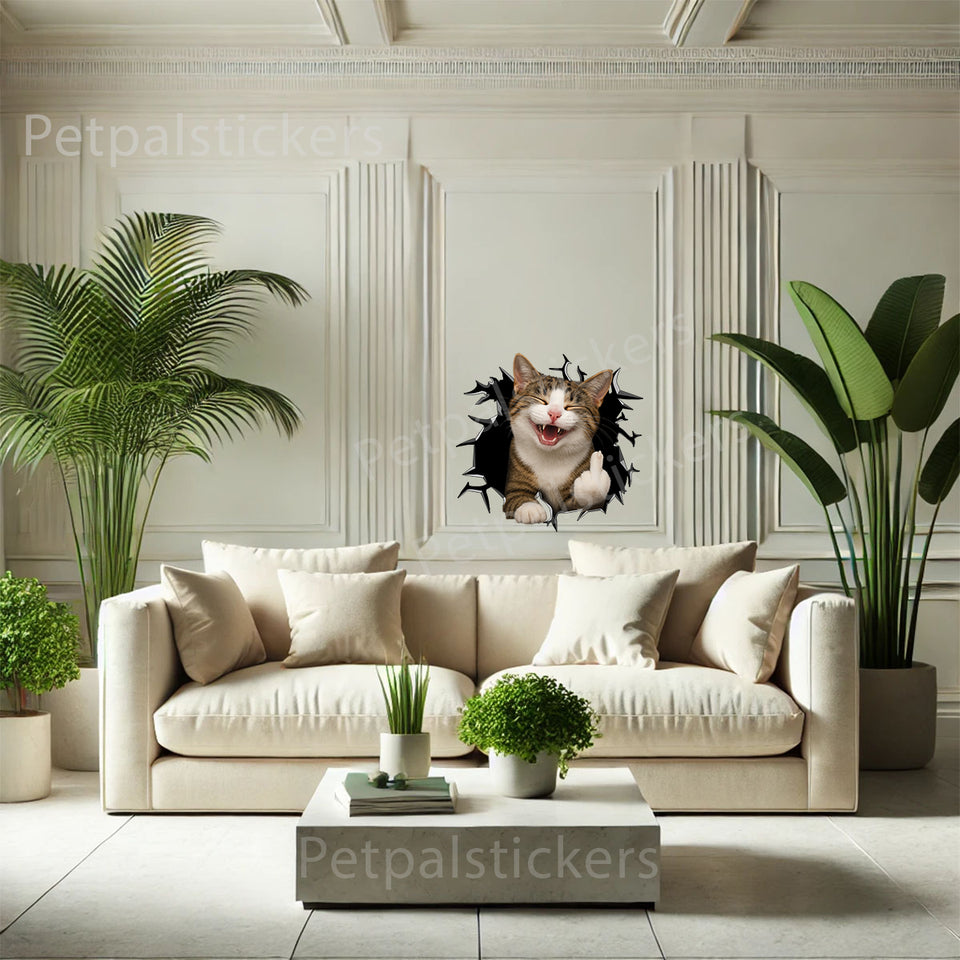 Cute cat vinyl decal displayed on a clean living room wall for fun pet-themed decor.