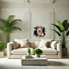 Cute cat vinyl decal displayed on a clean living room wall for fun pet-themed decor.