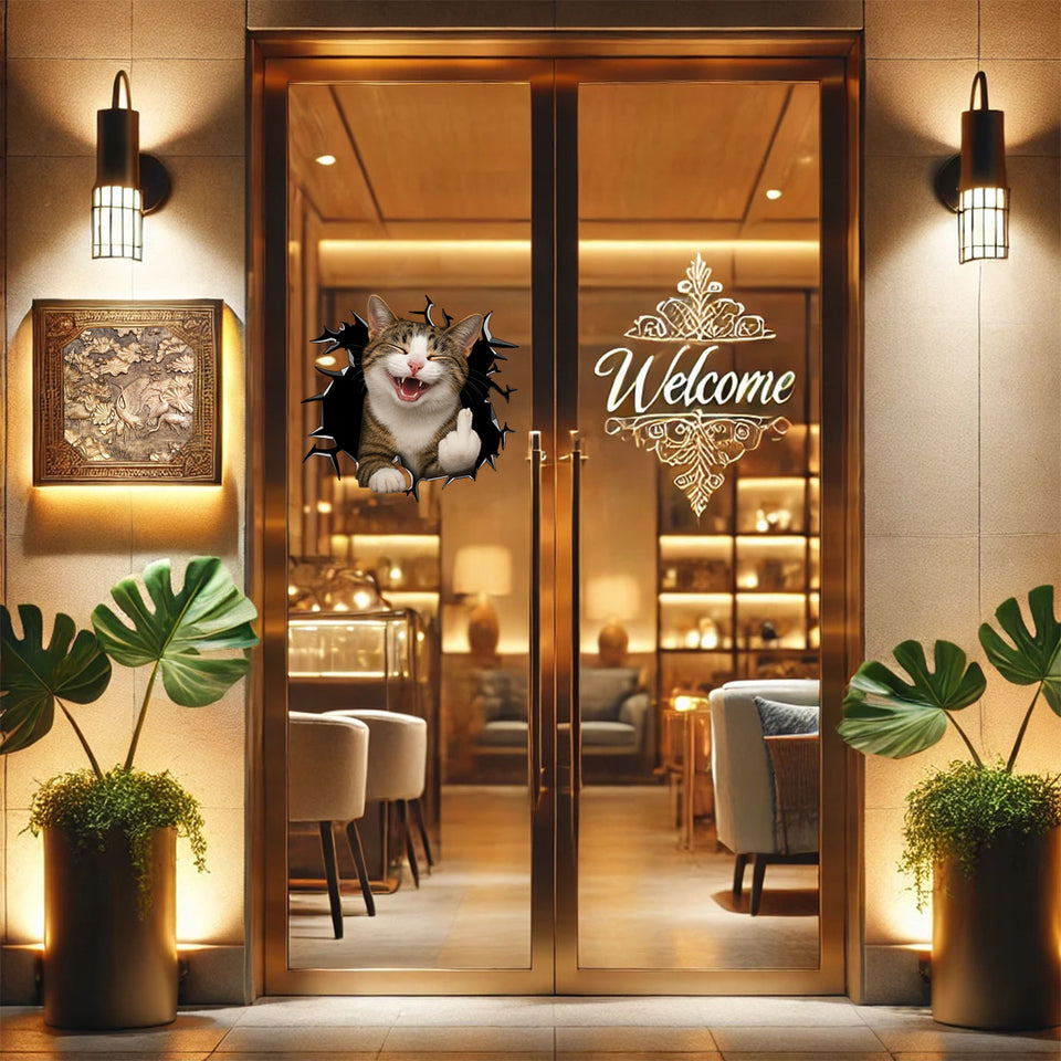 Humorous cat peering through shattered glass sticker positioned on a glass door.