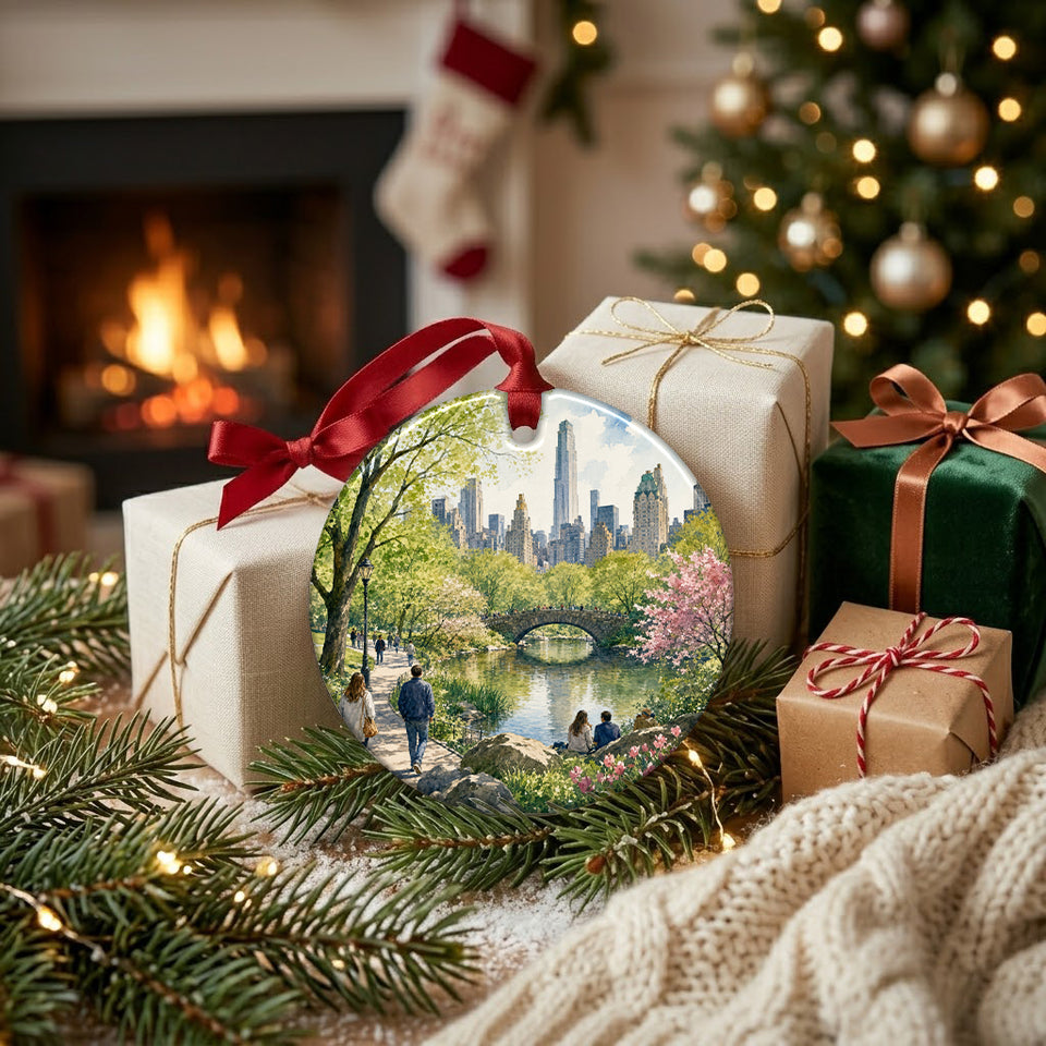 New York landmark ornament placed beside wrapped holiday gifts and a warm hearth.