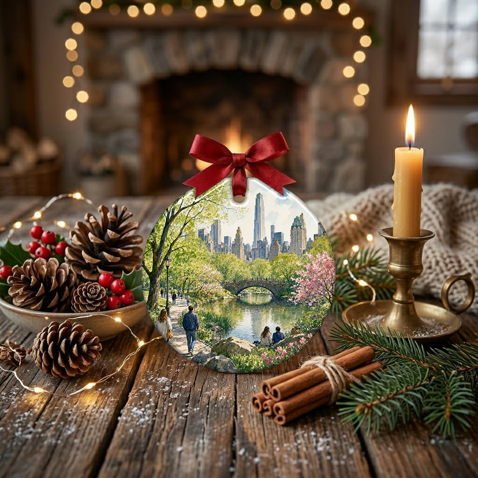 Detailed ceramic keepsake styled on a rustic table beside natural pinecones.