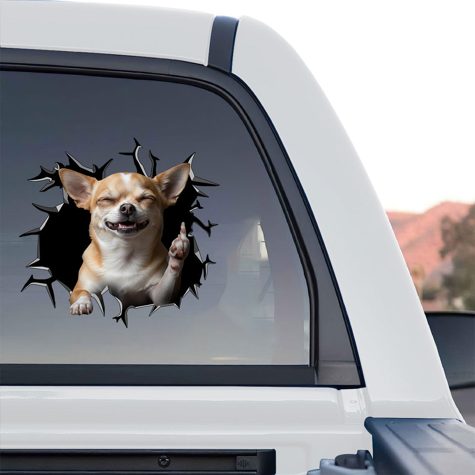 Clear gloss Chihuahua dog sticker displayed on the rear window of a truck.