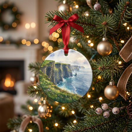 Festive holiday ornament styled on a rustic tabletop alongside natural pinecones and candlelight.