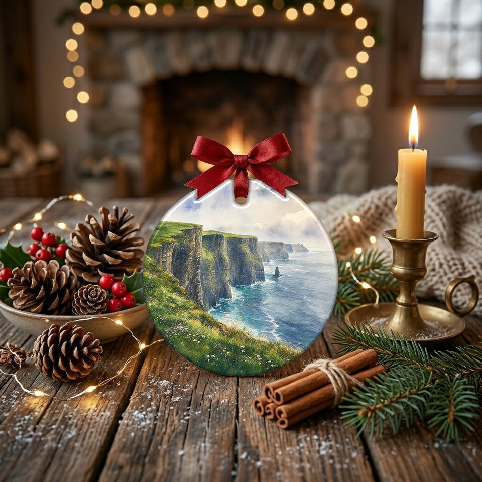 Festive holiday ornament styled on a rustic tabletop alongside natural pinecones and candlelight.