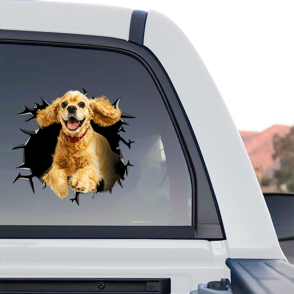 Cracked glass Cocker Spaniel sticker graphic installed on the back of a truck.