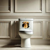 Humorous Cocker Spaniel decal placed on the clean lid of a porcelain toilet.