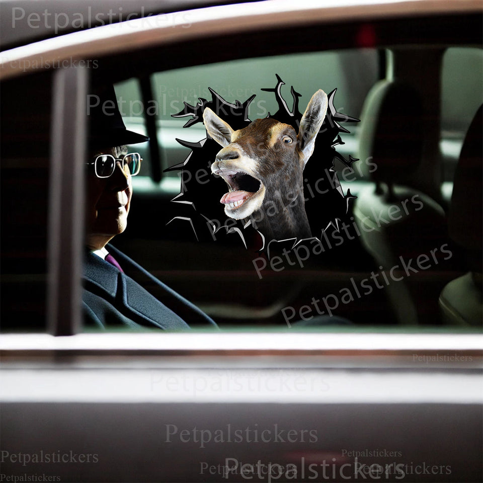 Vibrant goat decal perfectly positioned on a smooth white car door panel