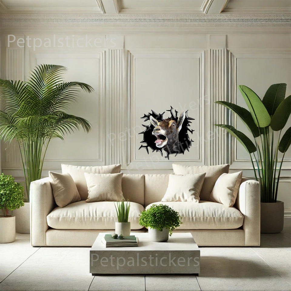 Playful goat vinyl sticker decorating an indoor bedroom wall surface